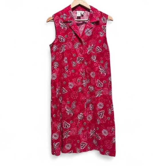 Vintage Coldwater Creek Linen Rayon Red Bandana Sleeveless Dress Sz 12 Petite - Picture 1 of 5